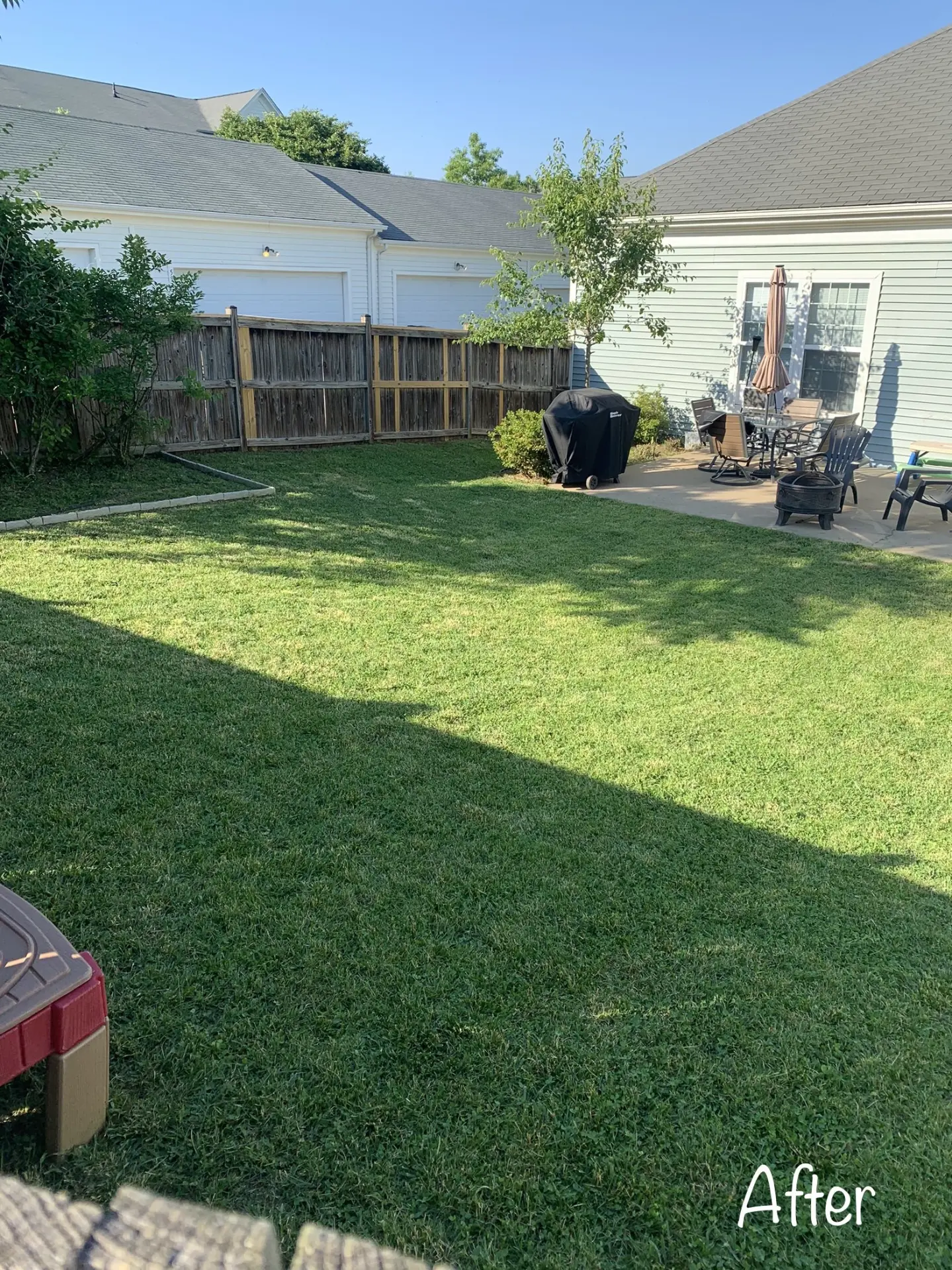 Large backyard lawn cut evenly around a patio and fire pit area