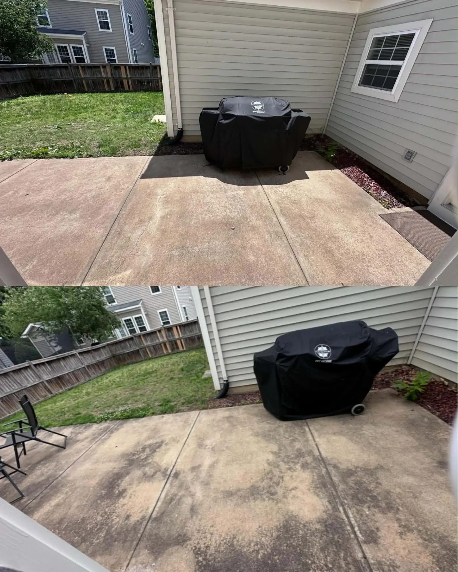 Before and after pressure washing on a concrete patio