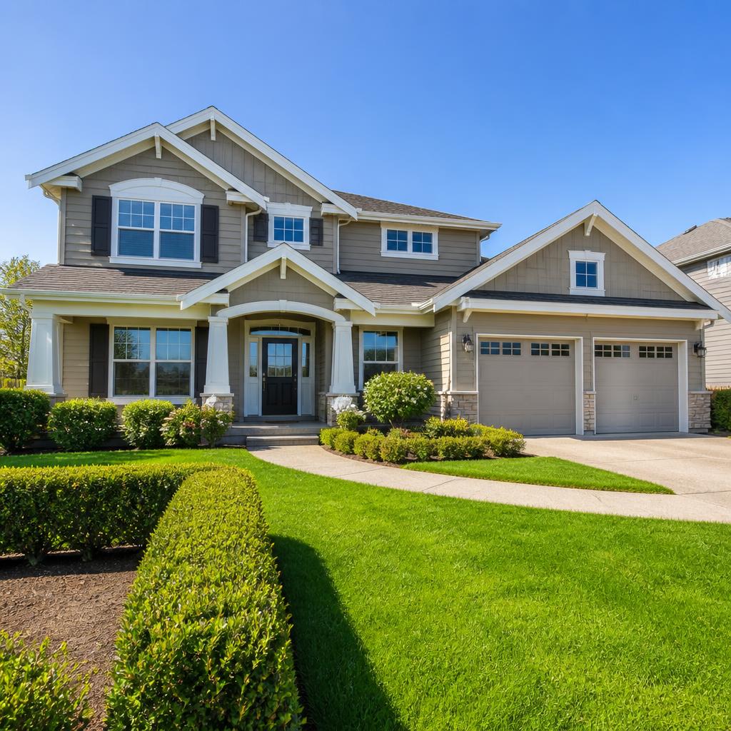 Well maintained residential home with a tidy green lawn and trimmed hedges